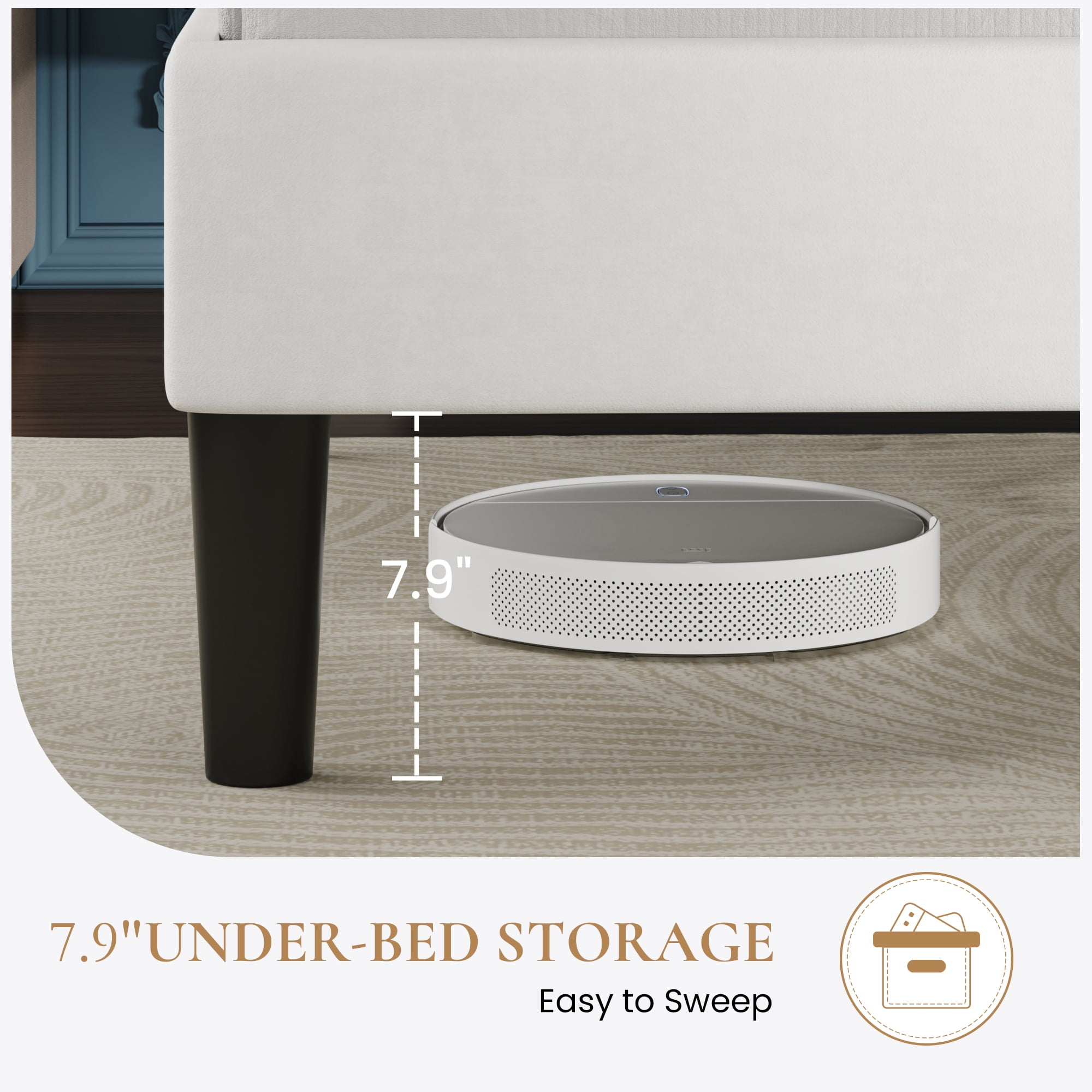 Sha Cerlin Queen Size Platform Bed Frame with Velvet Adjustable Headboard, No Box Spring Needed, White