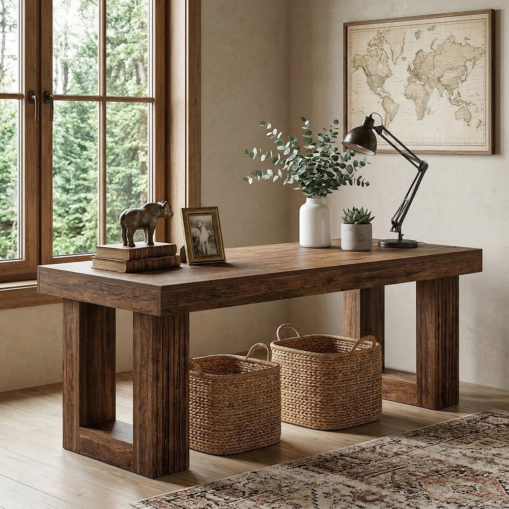 Finmind 86.6" Extra Long Double Desk for Two People, 2-Person Computer Desk with Large Workspace, Wooden Writing Table for Home Office, Rustic Brown