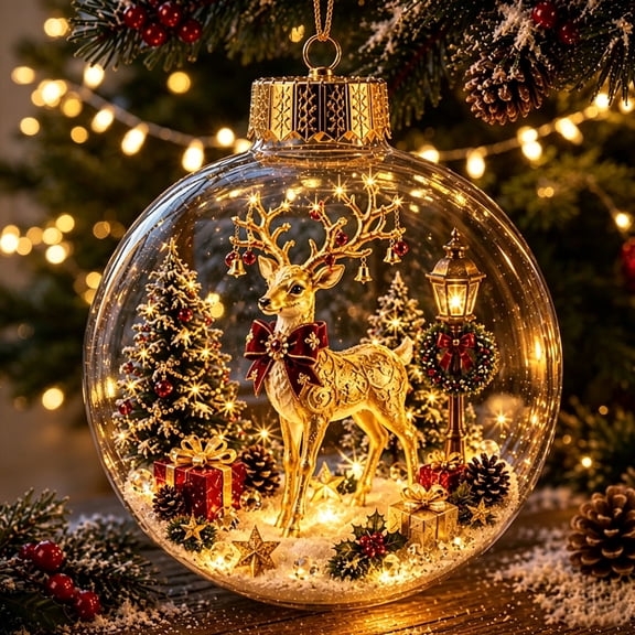 Glowing Christmas Story Ornament, Light-Up Mini Holiday Scene, Warm LED Festive Keepsake for Tree Decor(Reindeer)