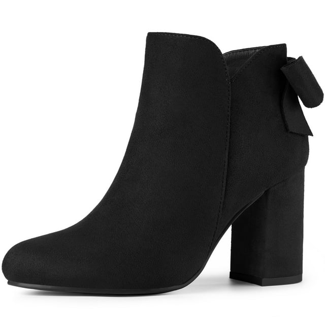 Unique Bargains Women's Round Toe Bow Decor Chunky Heel Ankle Boots