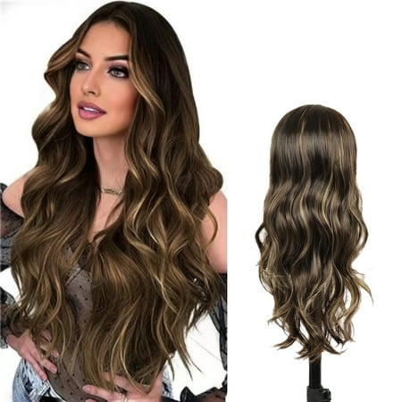 Lakihair Brown Long Wig for Women Highlight Blonde Long Wavy Wigs - 24in