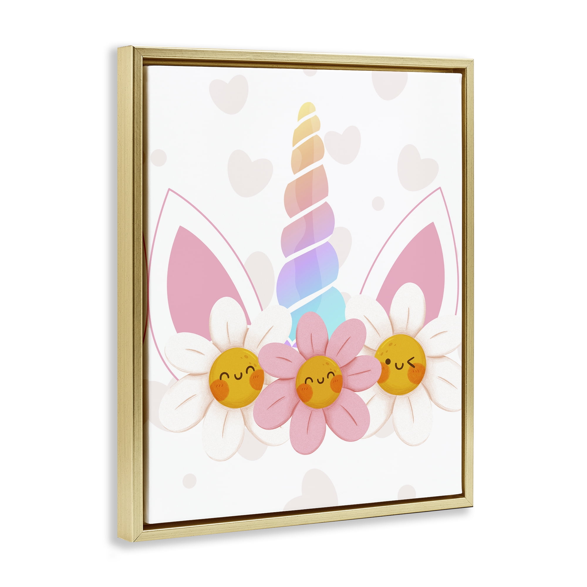 Daisy Unicorn with Hearts Gold Framed Floater Canvas Wall Art, design by Jesse Keith