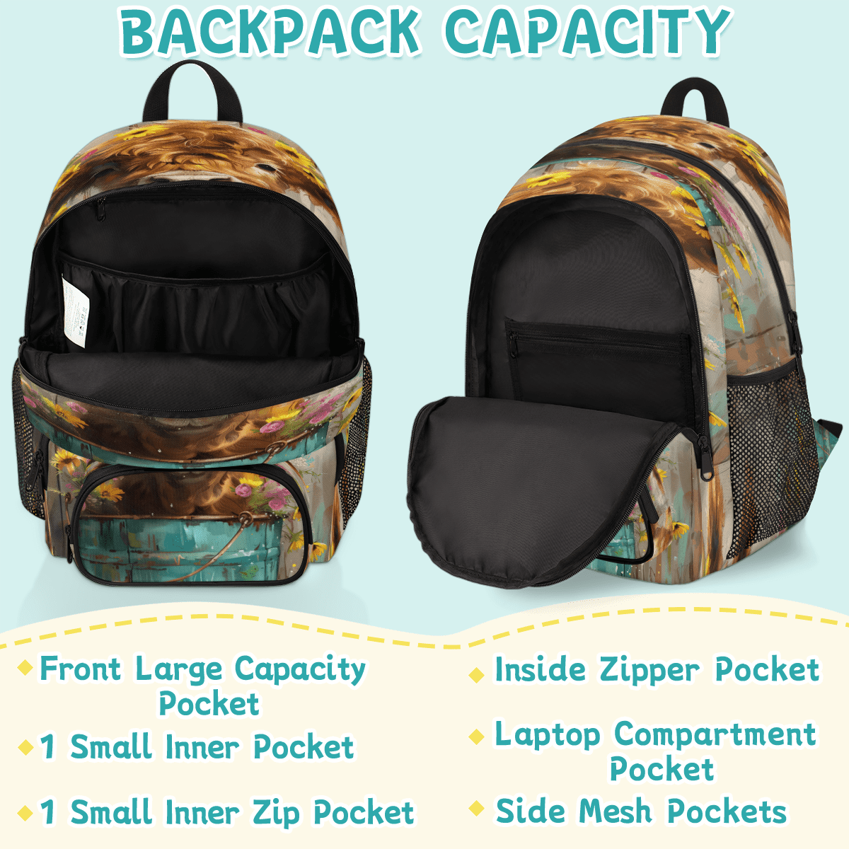 Herdesigns Highland Cow Wood Print Laptop Backpack for Women Men, 18.3 Inch Large Computer Backpacks Fashion Teacher Nurse Bag Casual Daypack for Work Travel