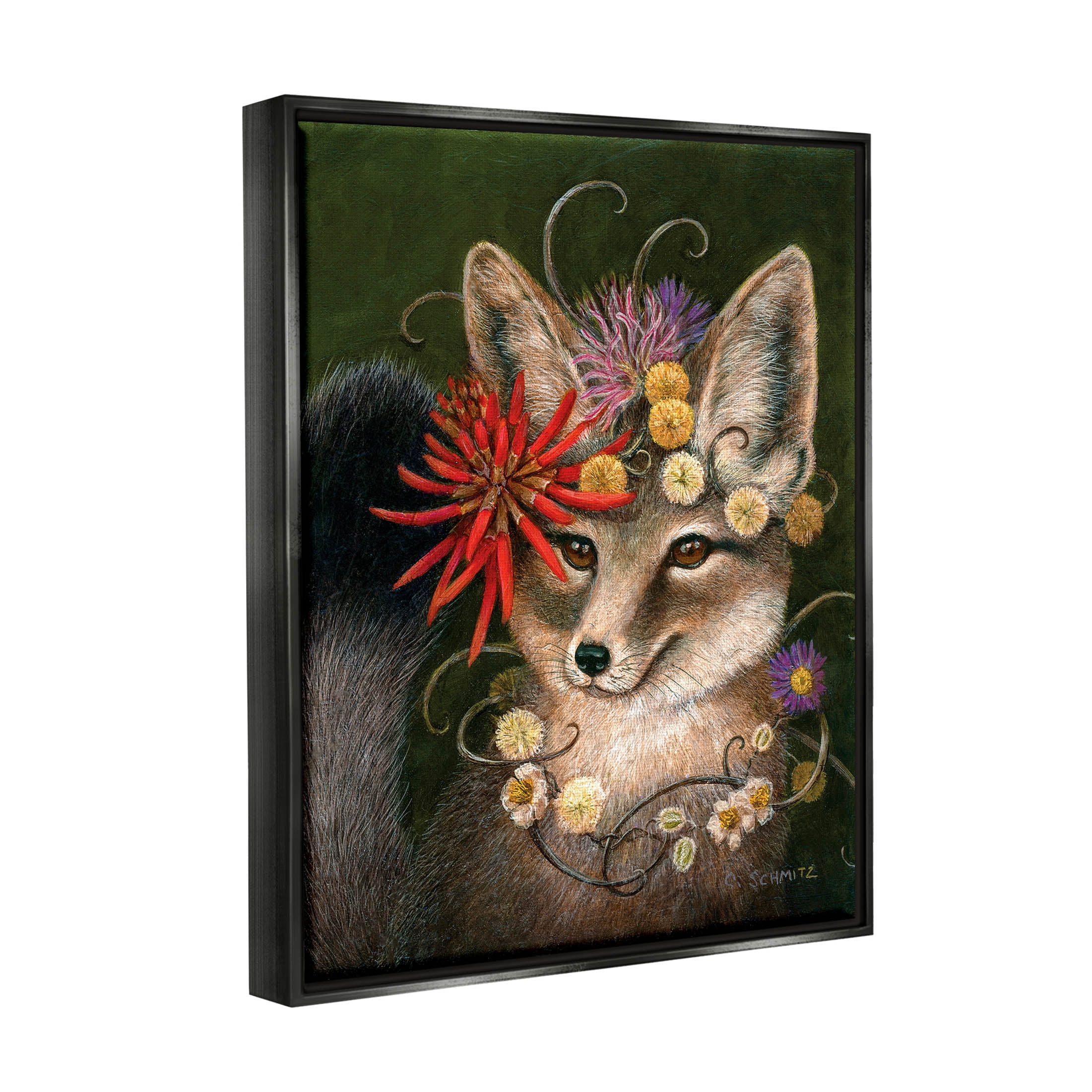 Stupell Industries Botanical Fox Flowers Painting Jet Black Floating Framed Canvas Print Wall Art, Design by Carolyn Schmitz
