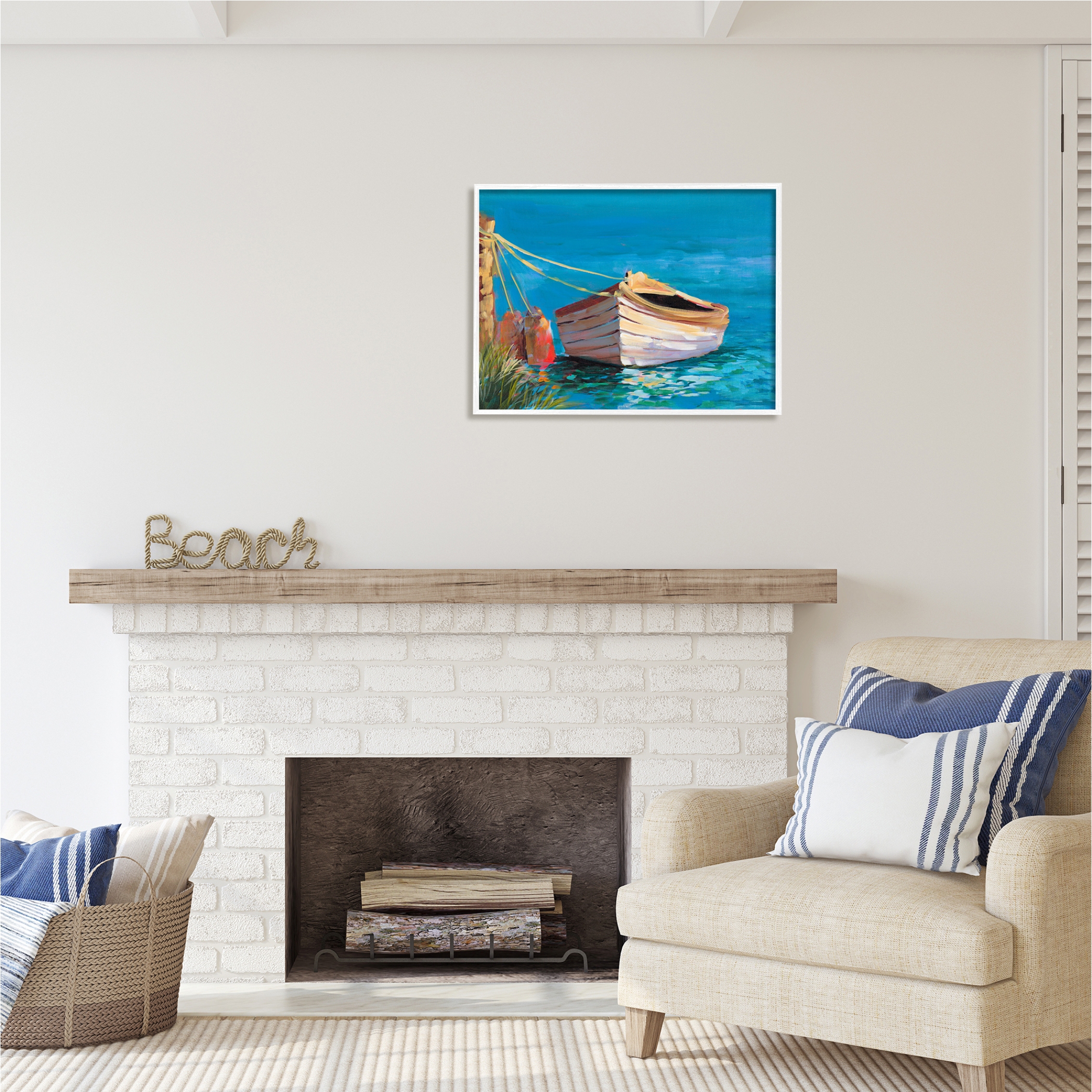 Stupell Industries Docked Boat in Lake Transportation Painting White Framed Art Print Wall Art, 30 x 24
