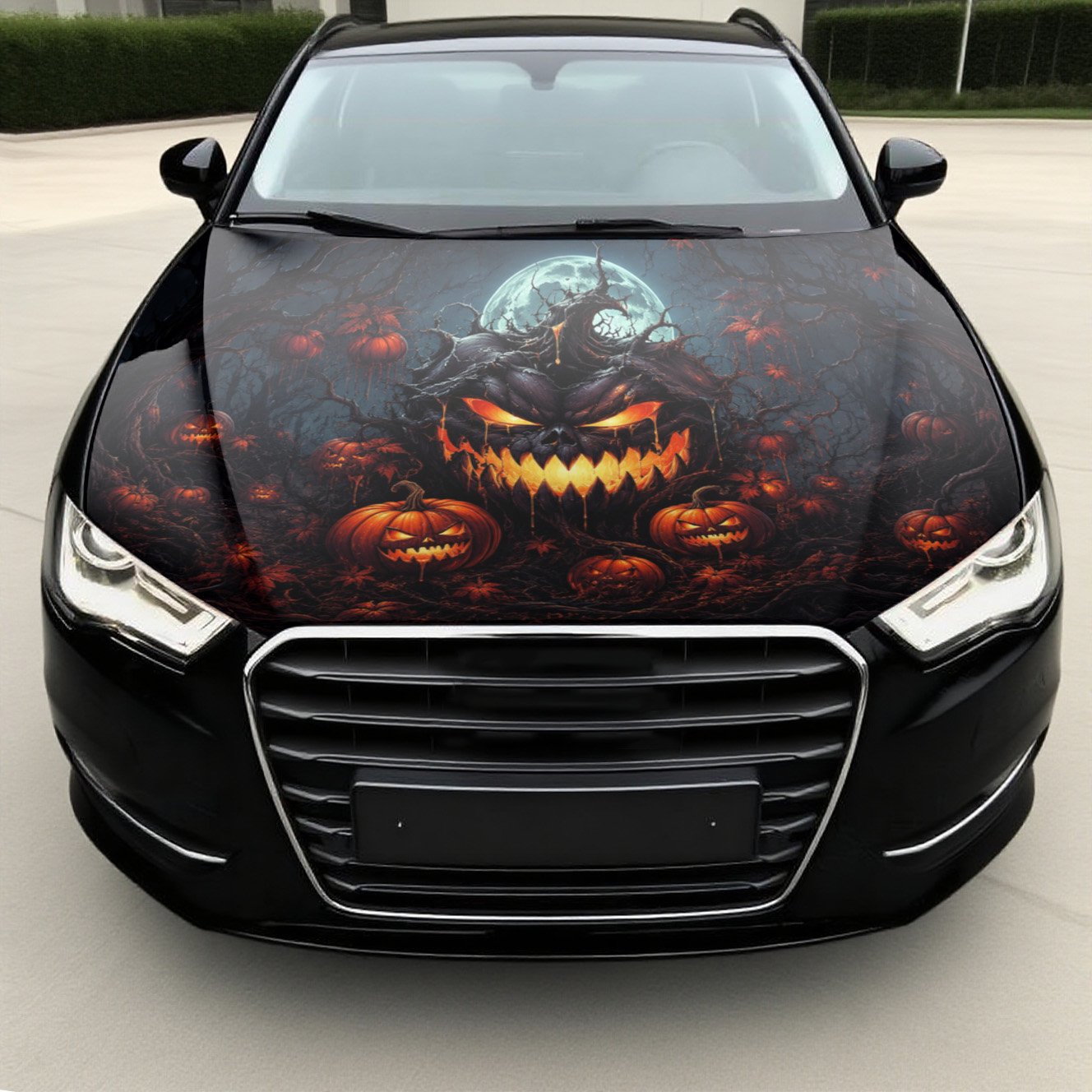 Car Hood Decal Sinister Orange Jack-o -Lantern Face with Dark Smoke Waterproof Scratch-Resistant Vinyl Hood Wrap Sticker for Cars and SUVs Spooky Exterior Vehicle Decoration