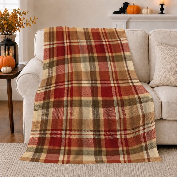 Autumn Plaid, Festive autumn celebration Scene, Warm Flannel Blanket for Living Room and Family Room with Detailed Artwork, Art Lovers autumn celebration Gift, Festive Home Decor
