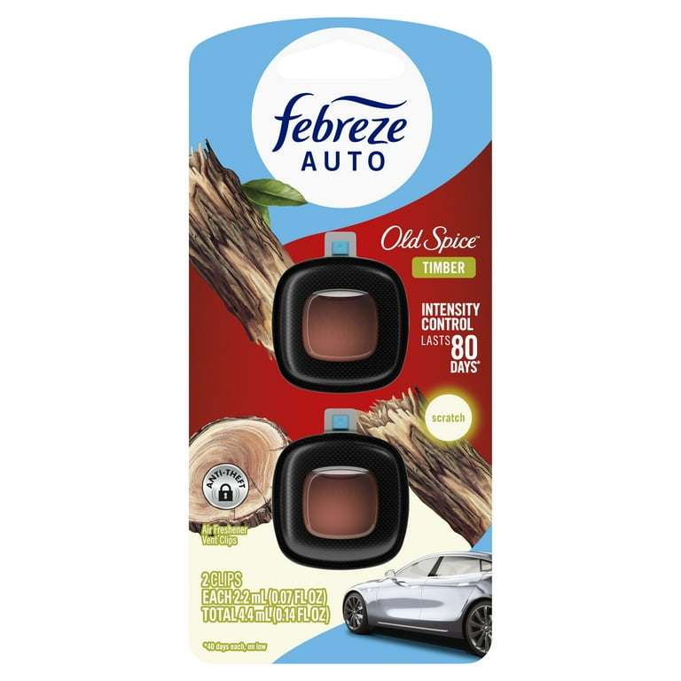 Febreze AUTO Car Air Freshener, Odor-Fighting Car Vent Clip, Old Spice Timber, 2 Count