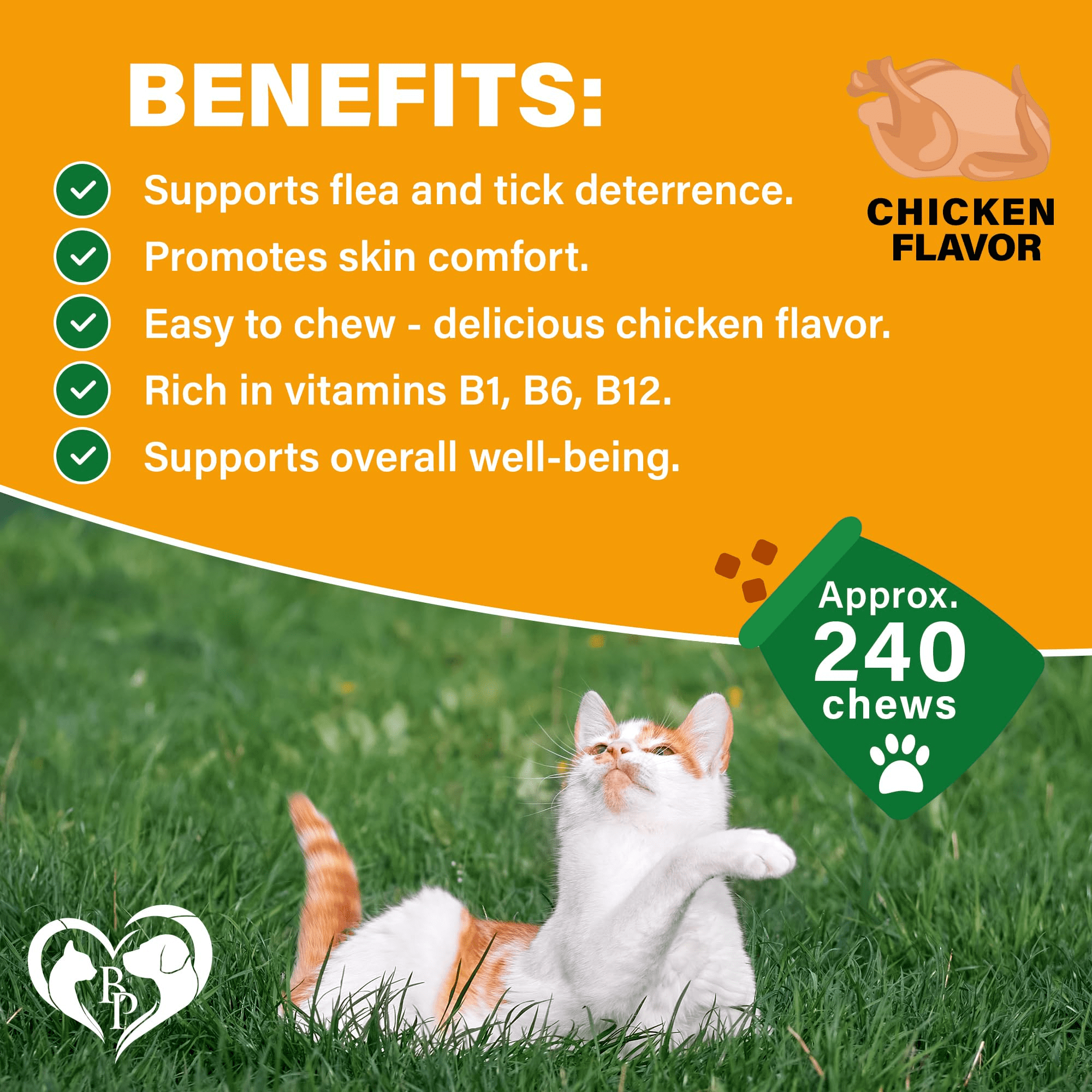 Beloved Pets Natural Flea and Tick Support Chews - Chicken Flavored Healthy Skin & Coat Soft Treats for Cats, 10 oz Jar