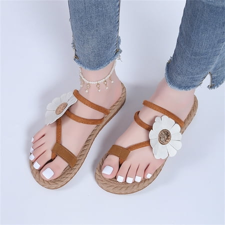 

Cathalem Ladies Fashion Solid Color Suede Cover Toe Flower Decoration Open Toe Flat Sandals Beach Slippers for Women Brown 6.5