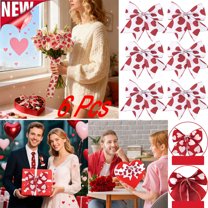 KOYPTL 6 Pcs Valentines Day Tree Bows Decorations with Pink Heart Decor 6*4.5 Inch Cloth Fabric Wrapping Bows for Valentines Day Gifts Wedding Holiday Party Home Decor
