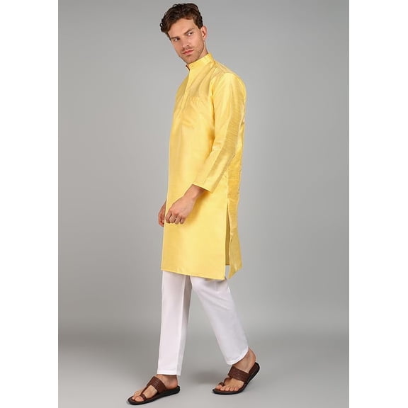 Men's Traditional Silk Kurta with Cotton Pyjama, Full Sleeves, Yellow, Premium Ethnic Wear