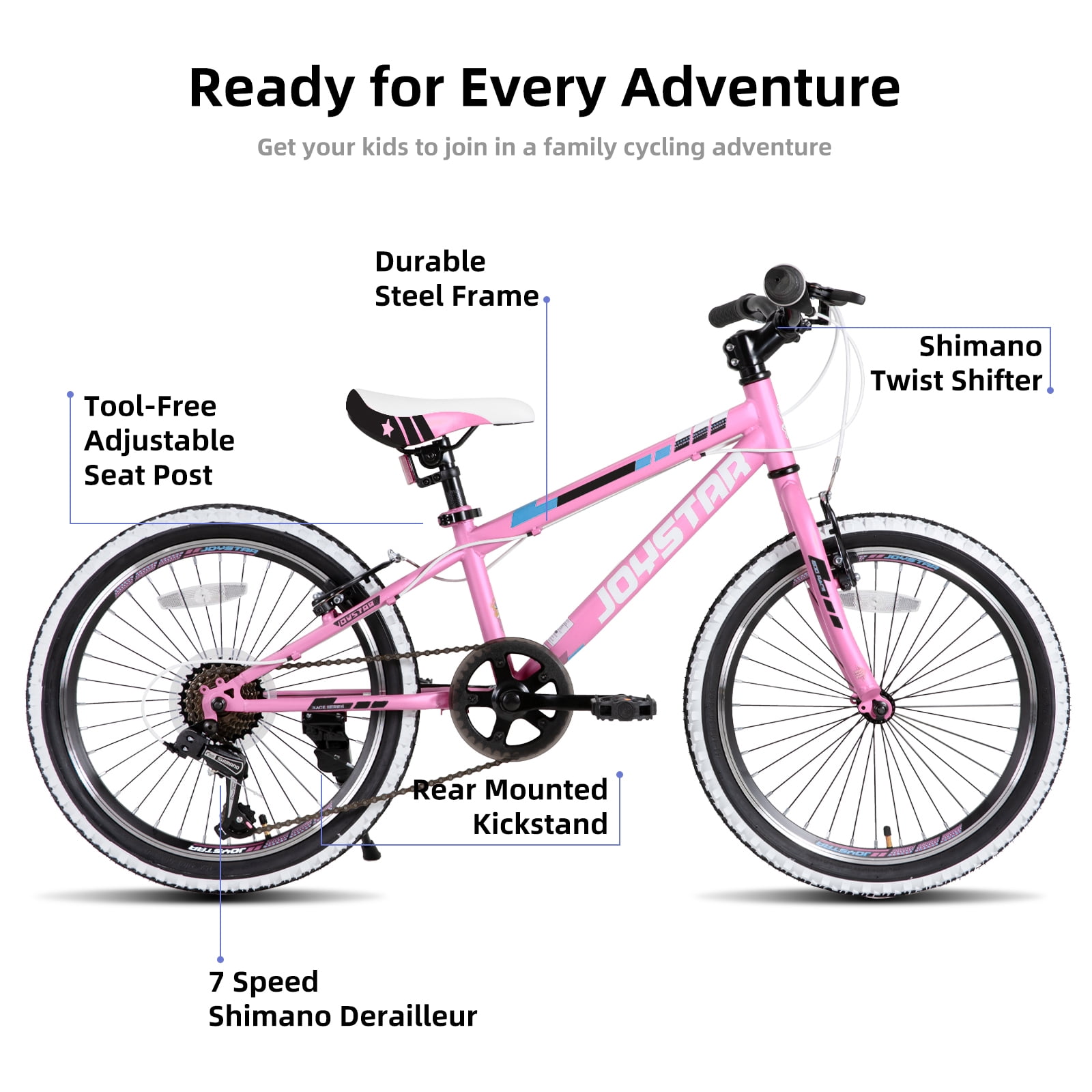 JOYSTAR Lubbock 20 24 Inch Kids Bike for Boys & Girls Ages 7-12 Years Hardtail Mountain Bike for Kids with 1-Speed/7-Speed Drivetrain, White Wall Knobby Tires, Kids' Bicycle