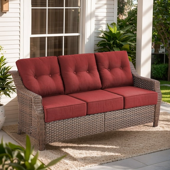 OPOHORO 75" Wide Brown Wicker Patio 3-Seat Couch, Weather Resistant Rattan Outdoor Lounge Sofa with Deep Seat and 6" Thick Cushion for Patio Backyard Porch, Red