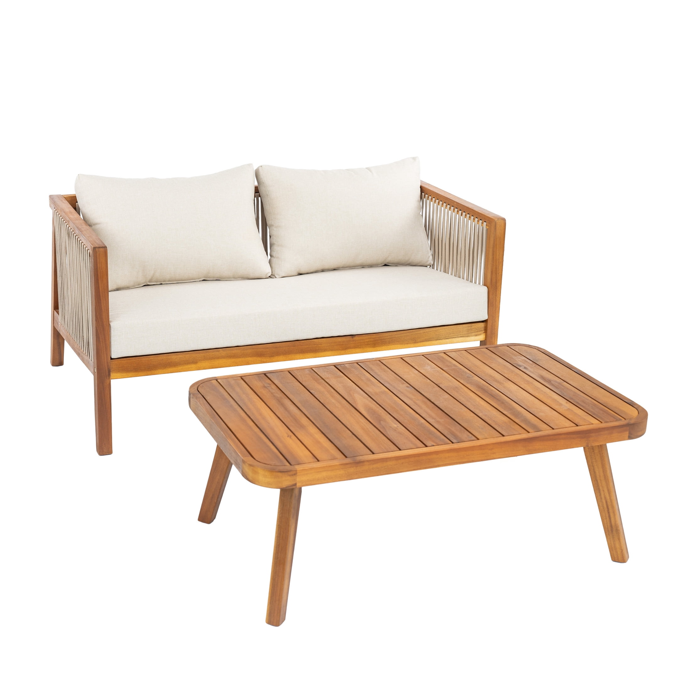 Christopher Knight Home 2-Piece Patio Conversation Set with Coffee Table & Rope Arm Sofa, Teak+Beige
