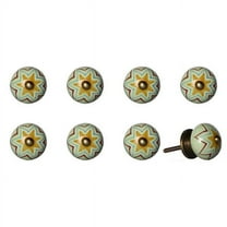 Vintage Hand Painted Ceramic Round Knob Set - Green & Orange Star - Pack of 8