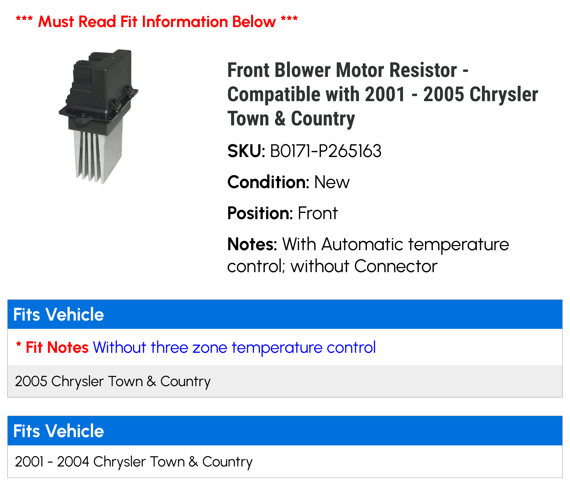 Front Blower Motor Resistor - Compatible with 2001 - 2005 Chrysler Town & Country - Holstein