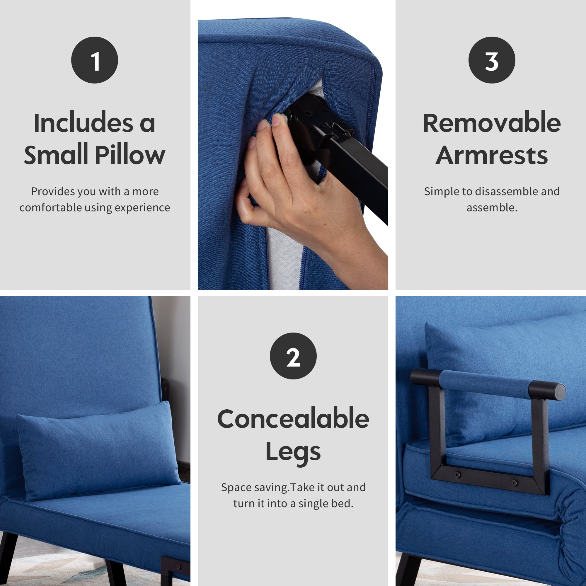 Aukfa Comfy Mini Sofa Adjustable Backrest Chaise Lounger Convertible Sofa Chair Bed w/ &Pillow, Blue