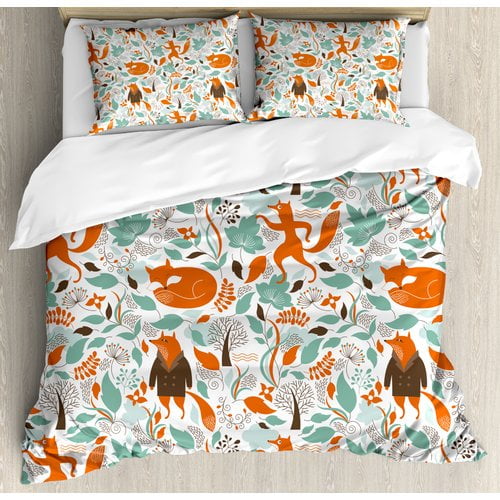King Turquoise and Orange Fox Pattern Microfiber Duvet Set
