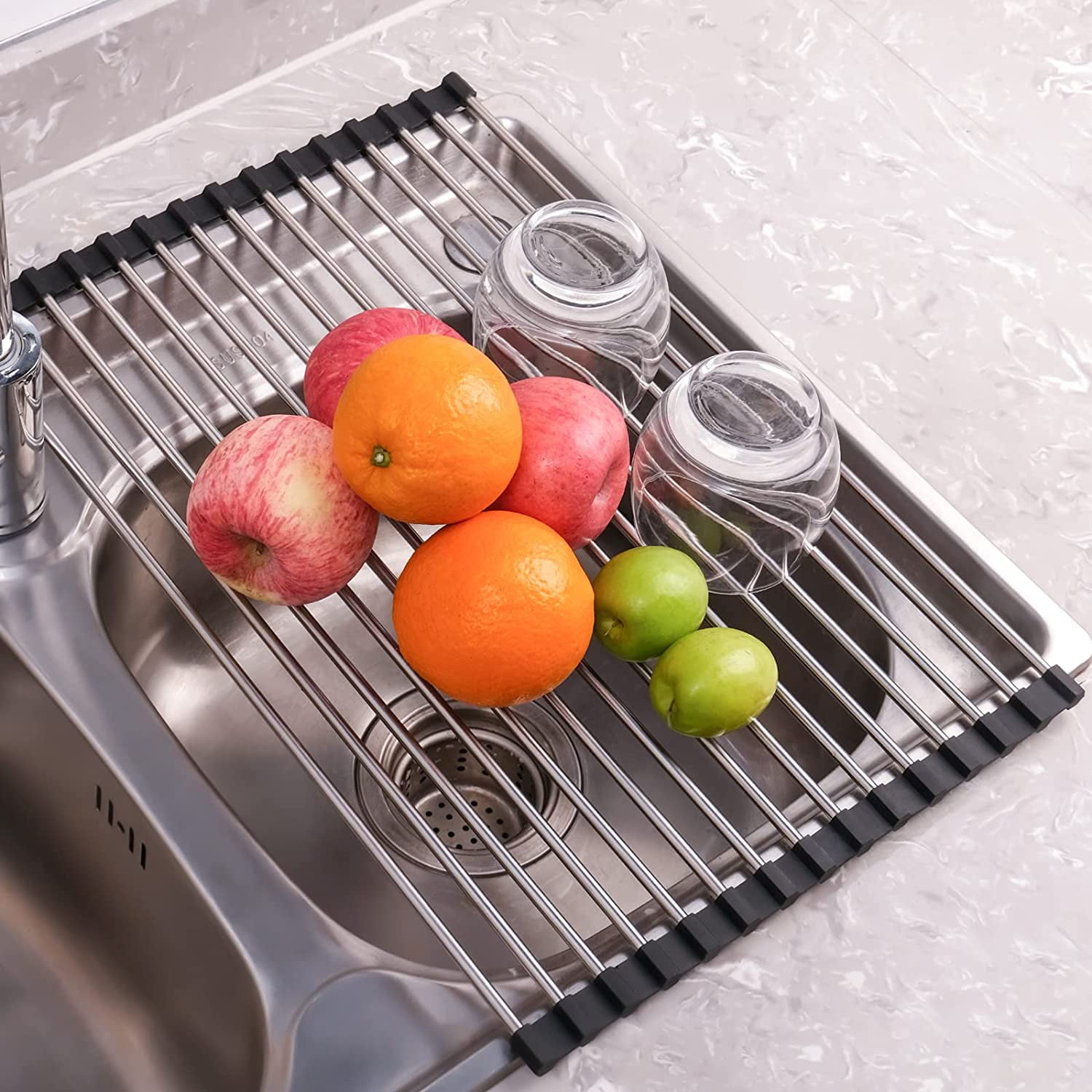 JJEAN-Roll Up Dish Drying Rack Over The Sink Drying Rack for Kitchen Counter, Folding Dish Rack Over Sink Mat, Stainless Steel Dish Drainer Rack Kitchen Sink Organizer Accessories 17.5"x13.7"