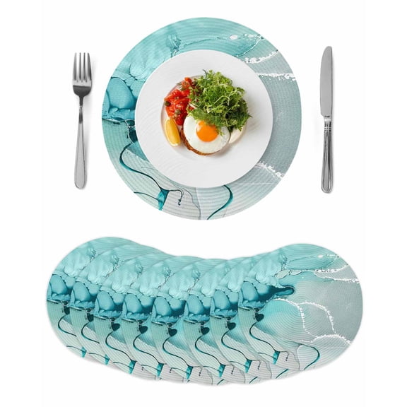 Aqua Marble Round 13 Inch Placemats Set of 8, Modern Abstract Gradient Water Fluid Art HeatResistant Non Slip Place Mats for Dining Table, Wipeable Braided Kitchen Table Mats for Housewarming