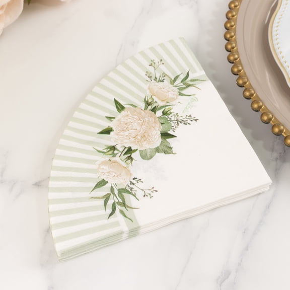 BalsaCircle 25 White Sage Green Round Paper Napkins with Floral Lined Pattern Party Events