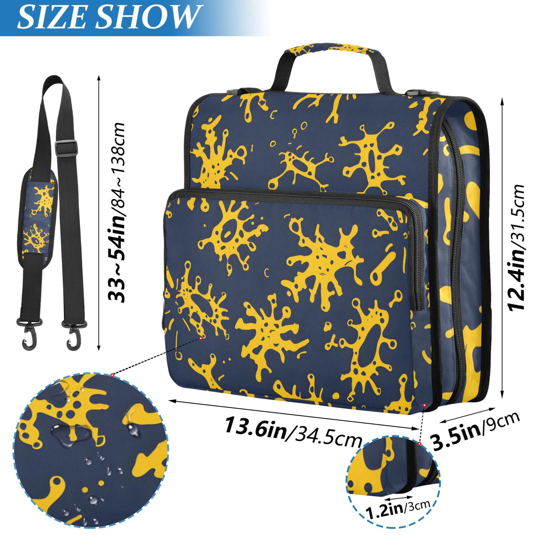 3 Ring Zipper Binder with Shoulder Strap Waterproof Trapper Keeper 2 Inch D-Ring 500 Sheets Capacity Dark Blue Yellow Splashes