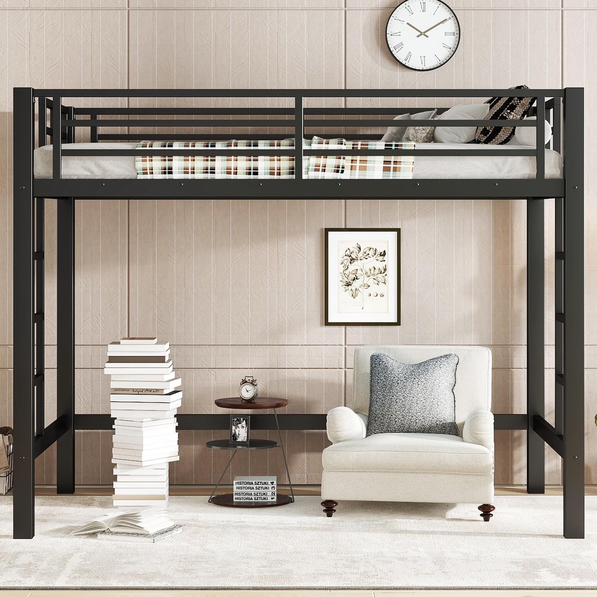Mintazer Twin Metal Loft Bed with Dual Ladders and Guardrails for Bedroom or Dorm, Black