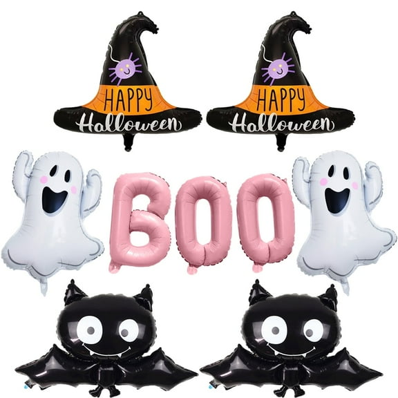 9Pcs Halloween Pink Boo Balloons Set Halloween Decorations Ghost Bat Witch Hat Balloons for Halloween Birthday Baby Shower Party Supplies