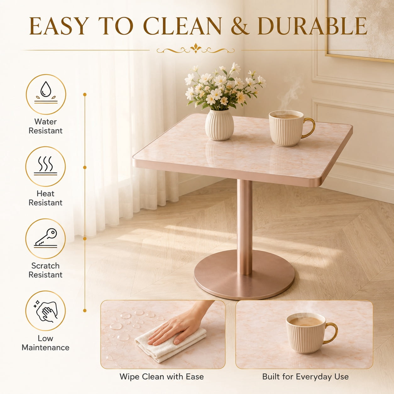 Aukfa 31.5" Square Dining Table for 2-4, Marble-Look Sintered Stone Top, Rose Gold Pedestal Base, Small Spaces,Blush Pink