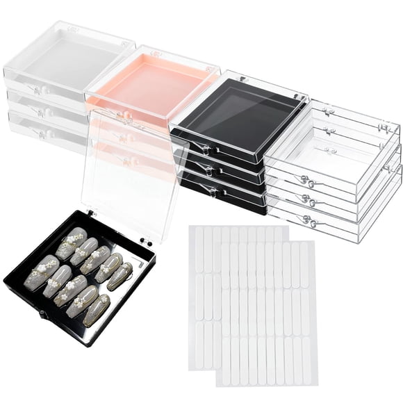 12 cajas de almacenamiento de uñas a presión, caja de embalaje de uñas acrílicas, vitrina de uñas postizas artificiales, caja organizadora de uñas con 60 unidades de cinta adhesiva de doble cara para
