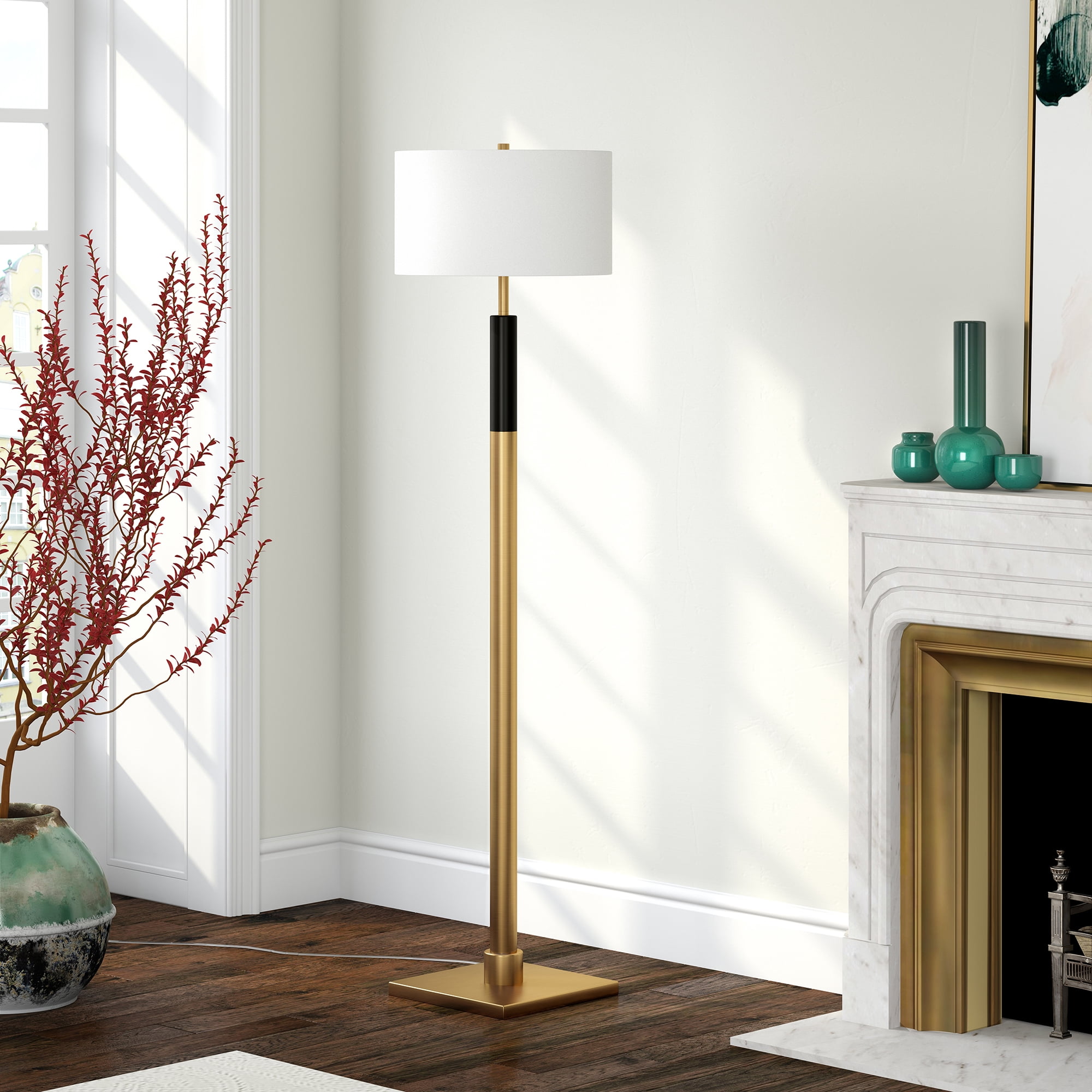 Evelyn&Zoe Teagan Two-Tone Floor Lamp with Fabric Shade, Brass/Black/White