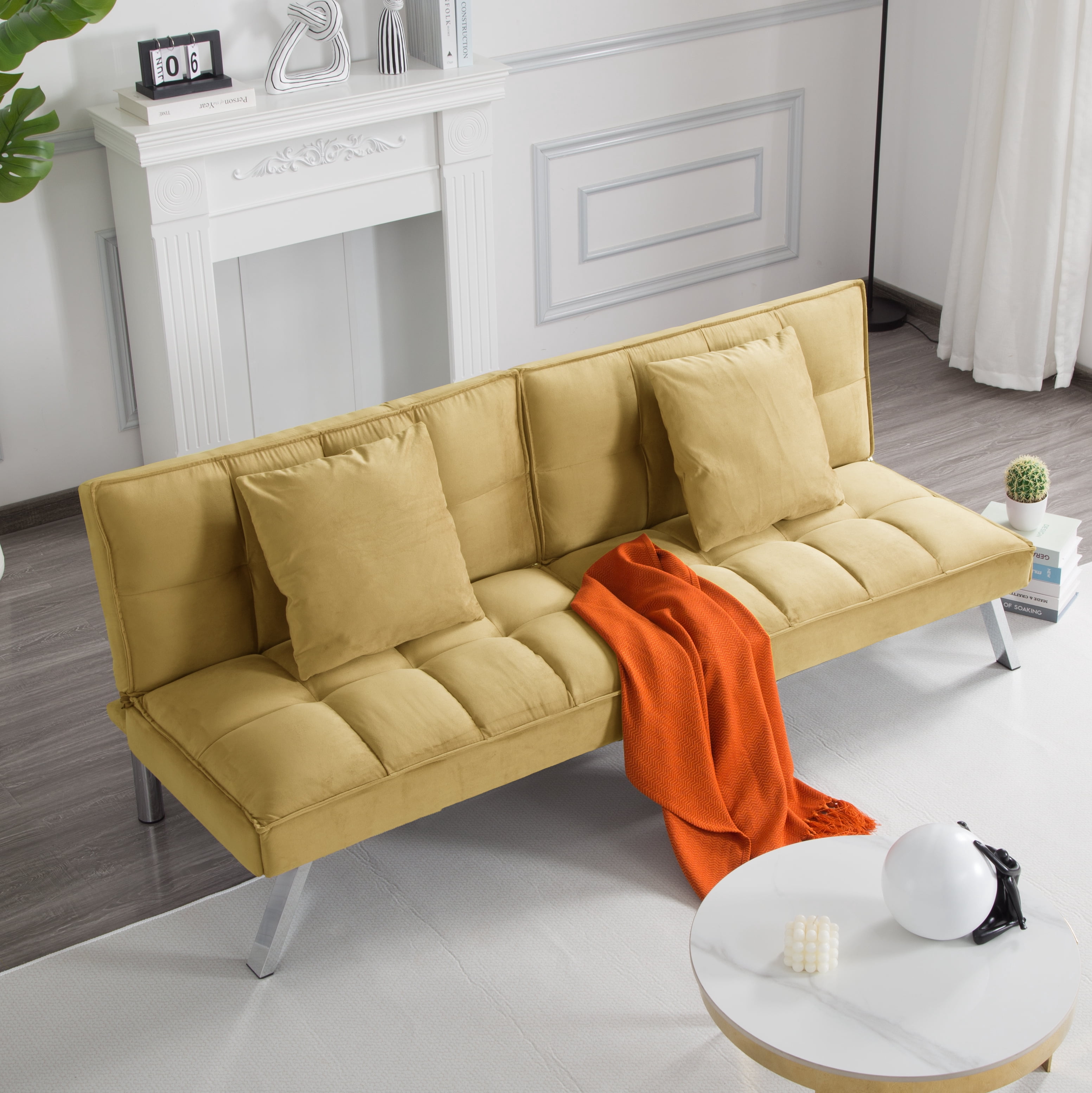 Gewnee 67.7”Velvet Futon Sofa Bed Convertible Sleeper Sofa with Split-Back 5 Adjustable Angles,Metal Legs & 2 Toss Pillows for Living Room,Office,Guest Room.Olive