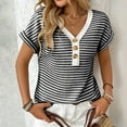 thumbnail image 4 of ZZwxWA Women's Tops Casual Crewneck Striped Knit Button Half Placket Short Sleeve T-Shirts Blouses V Neck Womens Pullover Tops, 4 of 6
