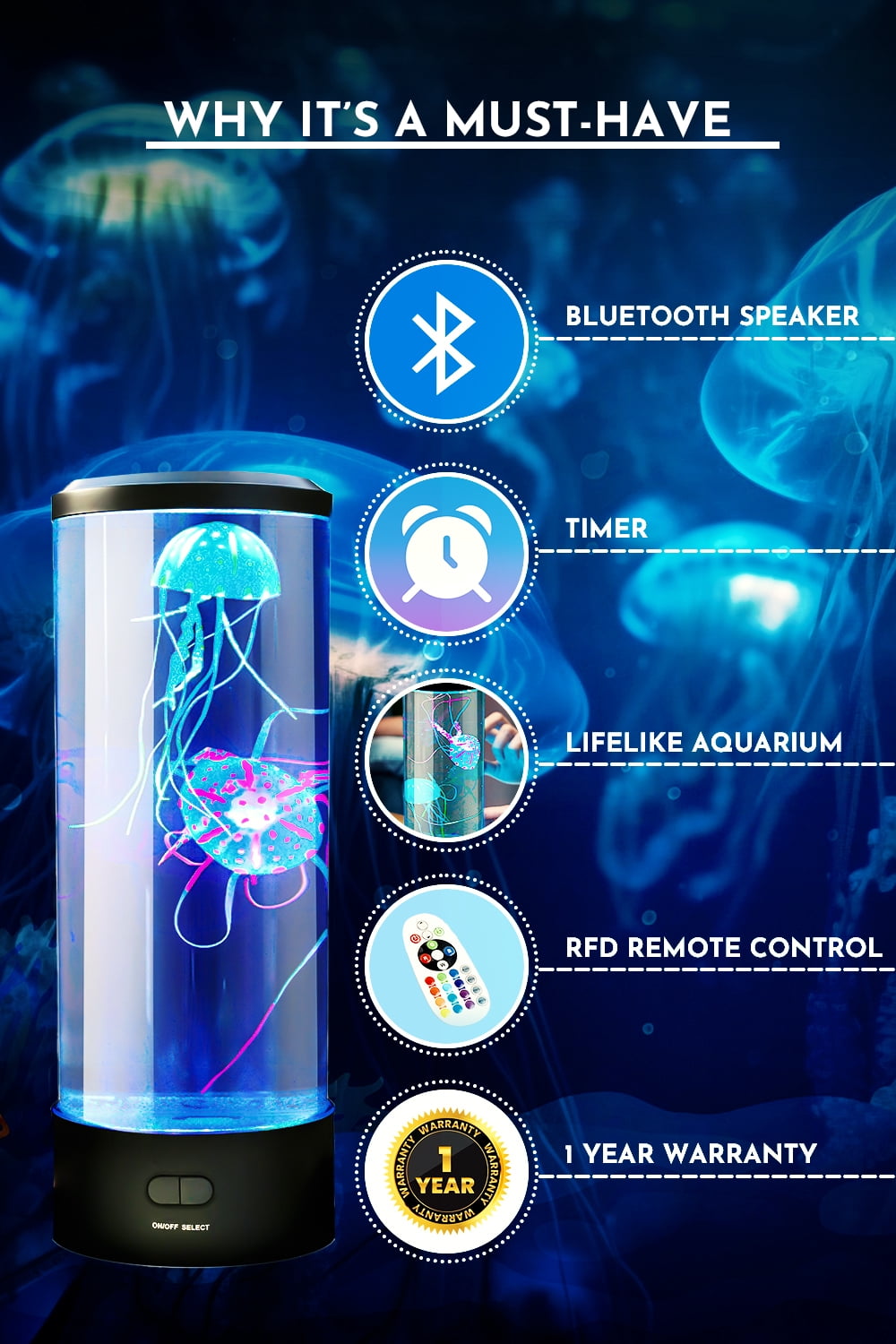 Brewish Jellyfish Lamp with 20W Bluetooth Speaker, 16 Color Changing Mode Aquarium Night Light, Sensory Lights for Autistic Children