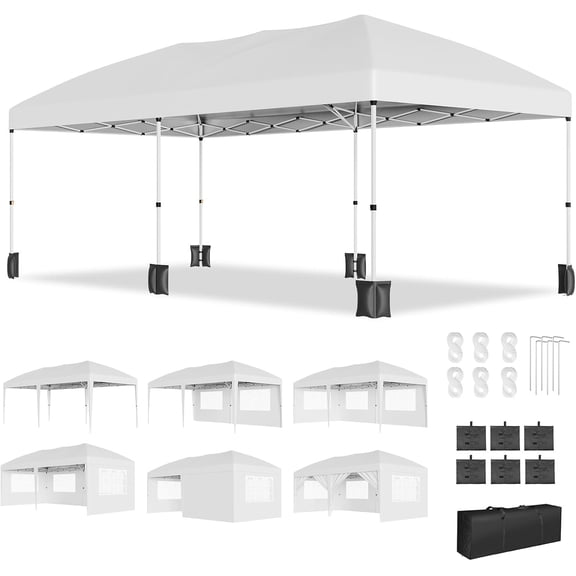 Senfot 10x20 FT Heavy Duty Pop Up Canopy Tent, Removable Sidewalls & Carry Bag, 3 Height Adjustable Commercial Shelter with Sandbag, White