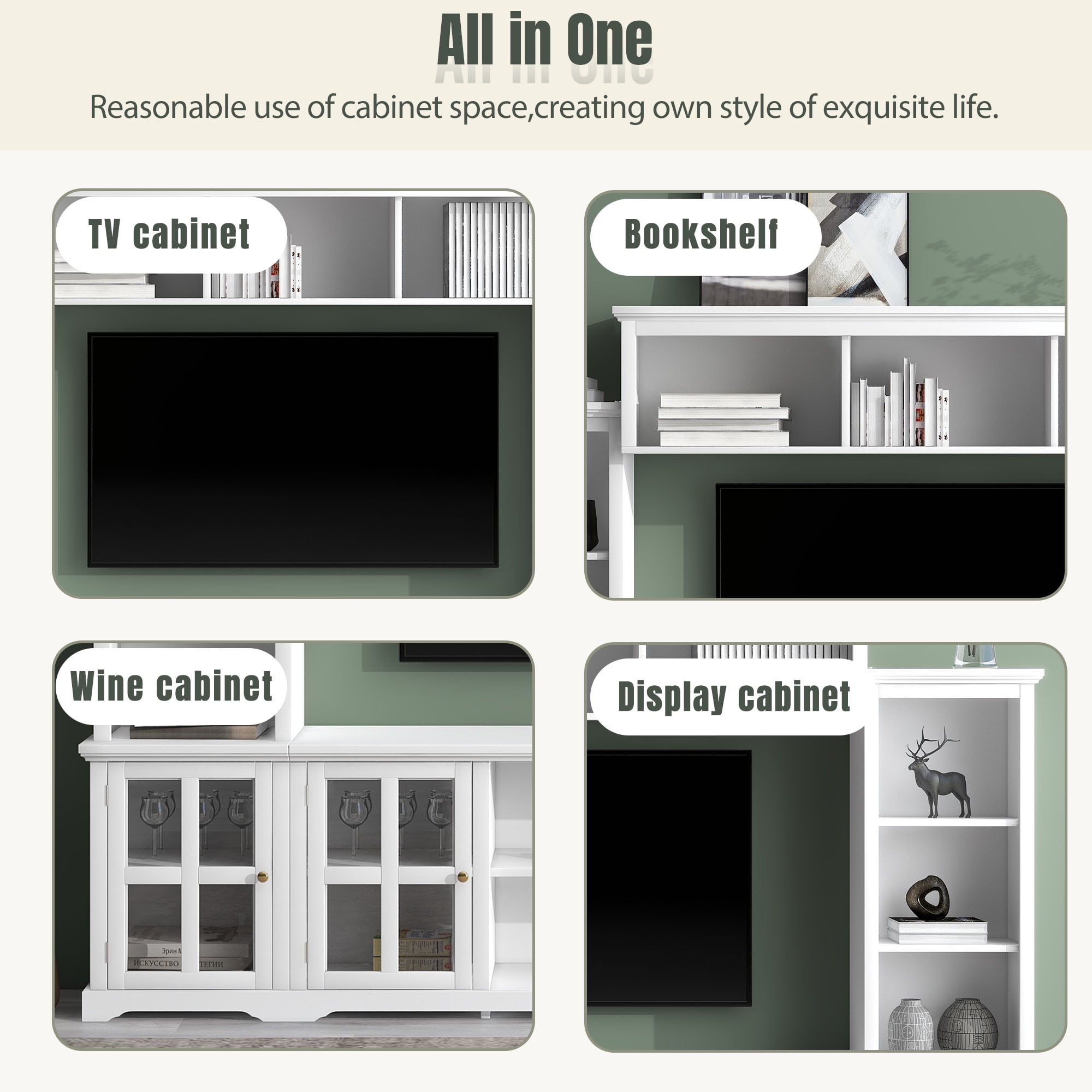 MAYEERTY 104*79"Large Wall Unit 3in1 TV Cabinet: Bookshelves, Cabinets, Open Shelves, Supports TVs Up to 66", White