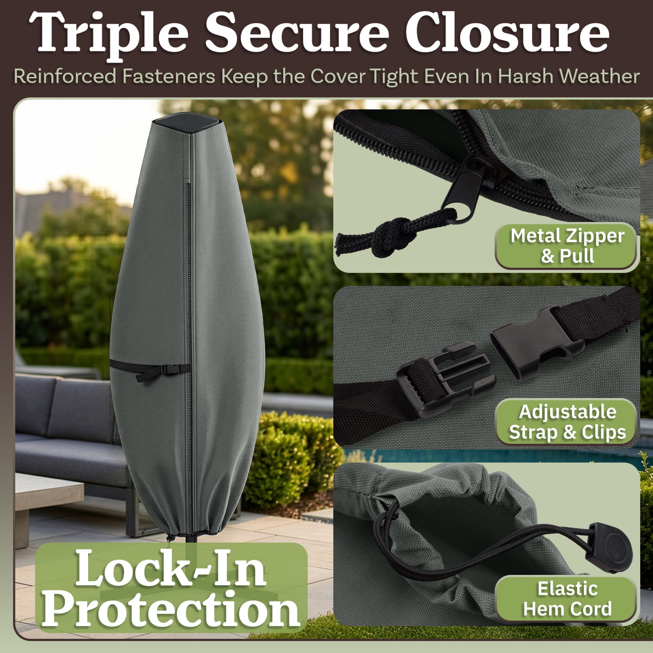 Pure Garden Waterproof Solar Outdoor Umbrella Cover for 11ft Round or 8ft Square, Gray