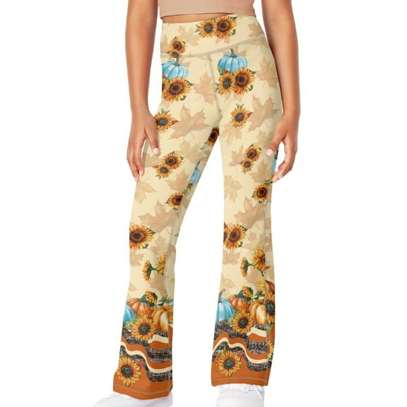 DISNIMO Halloween Pumpkin Sunflower Yoga Pants for Girls Size 5t Flare Leggings Sport Yoga Pants Kids Workout Bell Bottoms for Kids Yoga Pants Flare with Pockets Elastic Waist