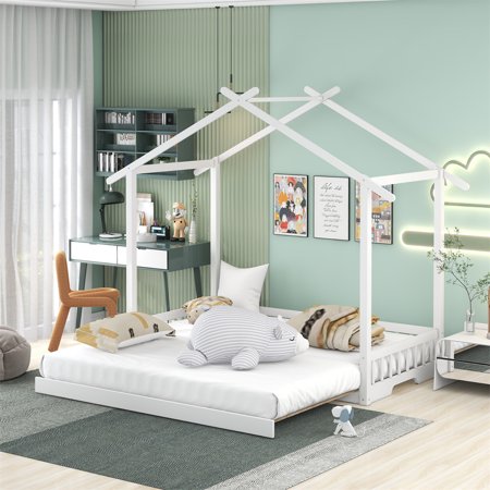 Extending Daybed Wooden House Bed  Twin to King Design House Bed with Roof for Kids  Girls and Boys  Children House Bed Wooden Floor Bed  Can be Decorated  No Box Spring Needed  White
