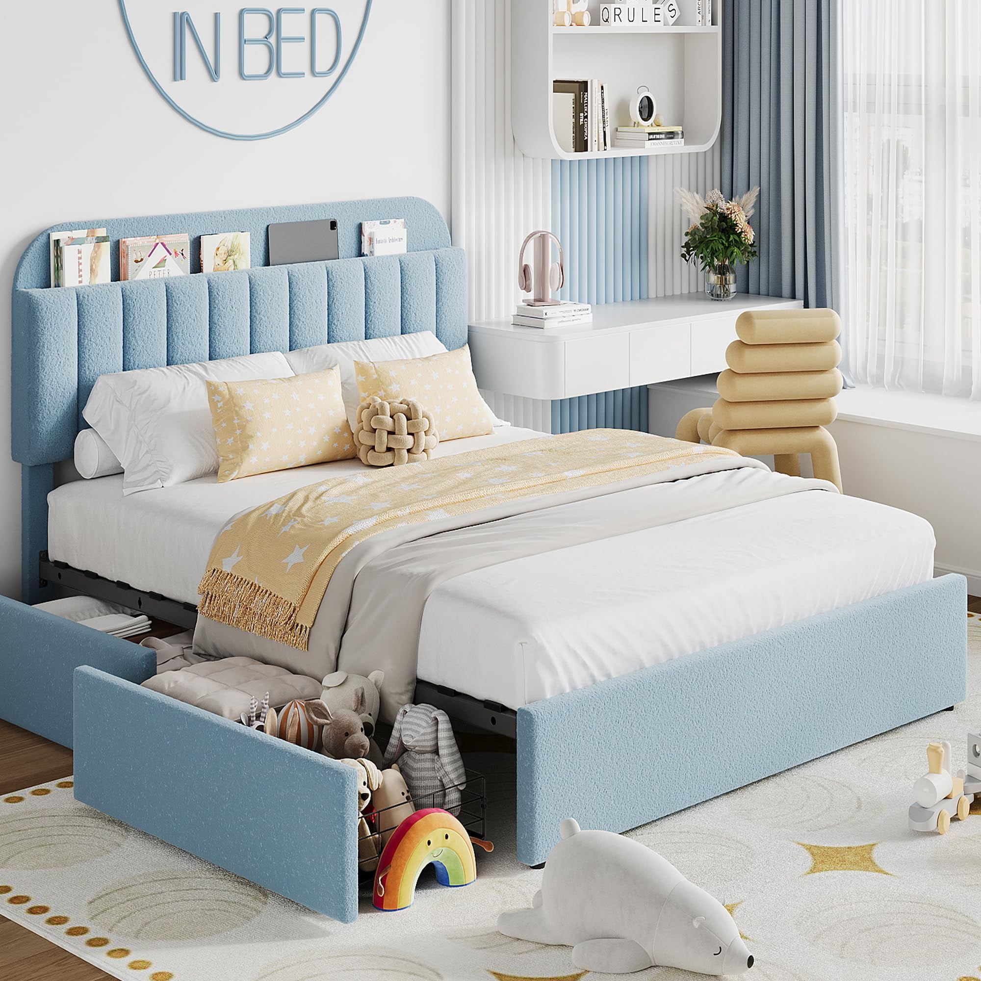 FULL Platform Bed with Bookcase Headboard & Drawers – Modern Boucle Upholstered Frame, No Box Spring, Easy Assembly Bedroom Furniture