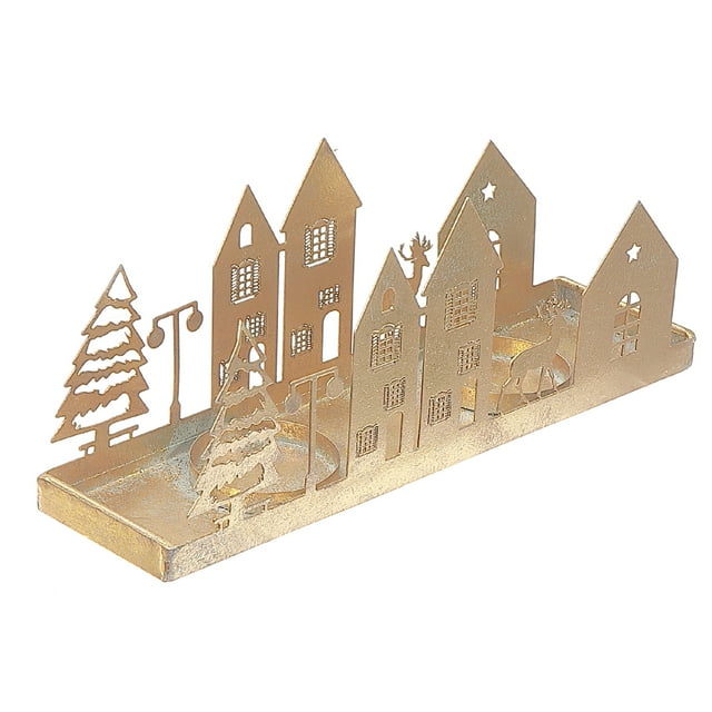 Gold metal candle holder featuring cut-out designs of a winter village with houses, pine trees, street lamps, and reindeer.
