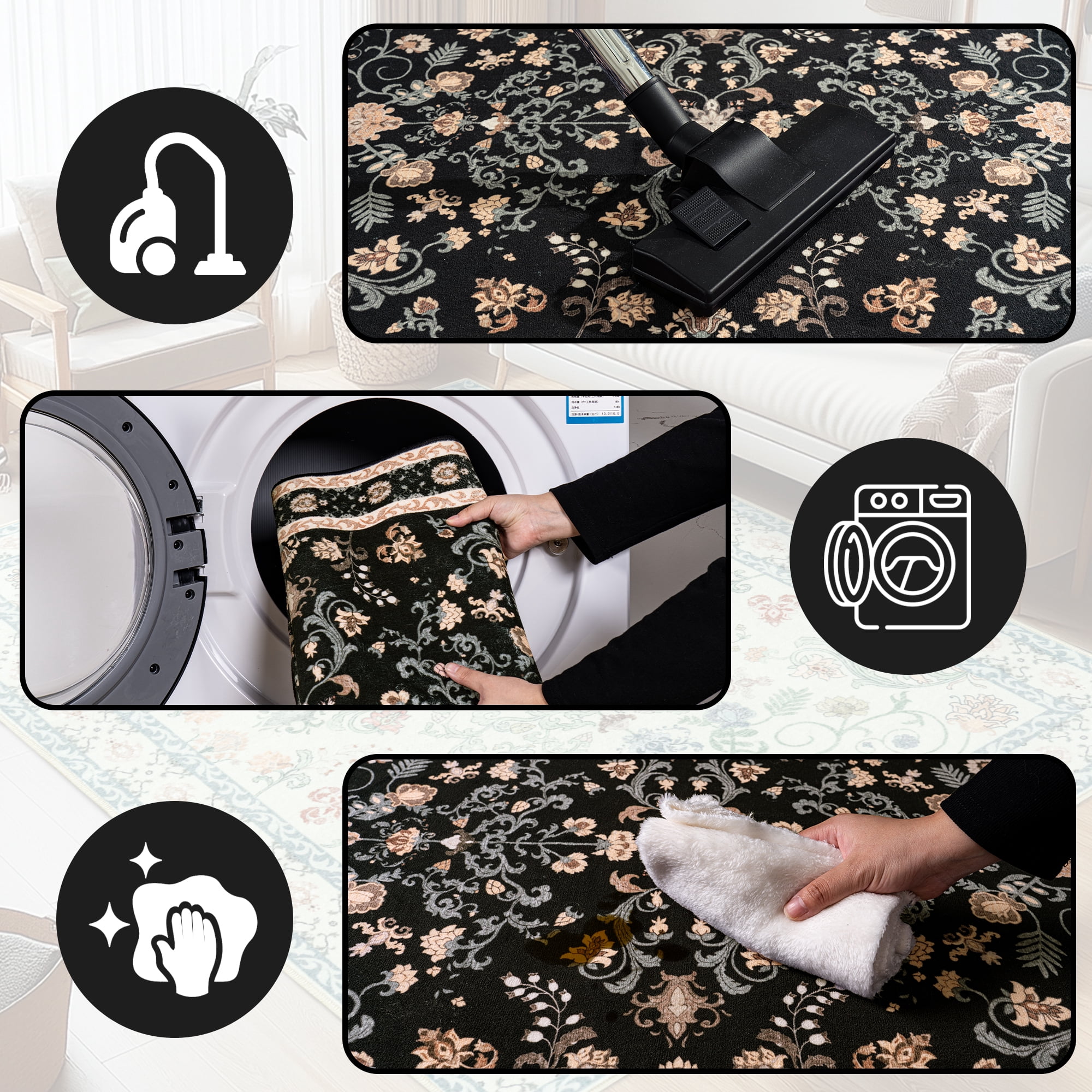 ZENELESS Washable Large Area Rugs for Living Room, 8x10 Non-slip Carpet for Dining Room,Modern Accent Rug for Bedroom, Black