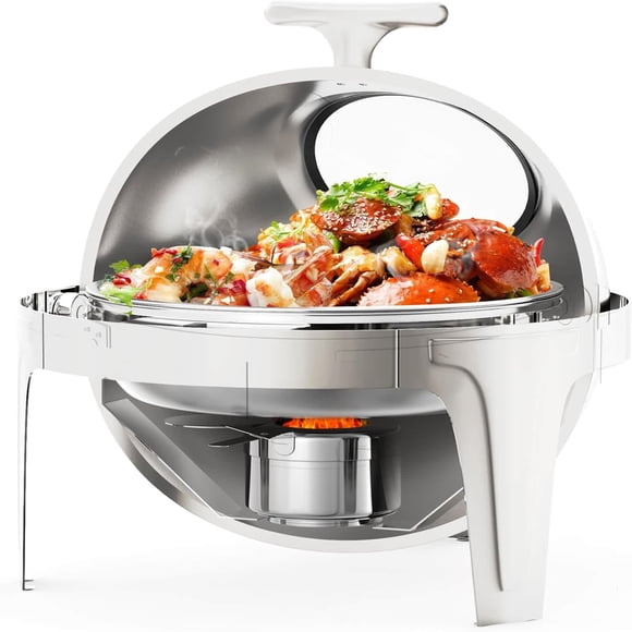 6.3-quart round roll-top chafing dish buffet set con glass window, ideal para para party, wedding, banquet, y graduation event (silver)