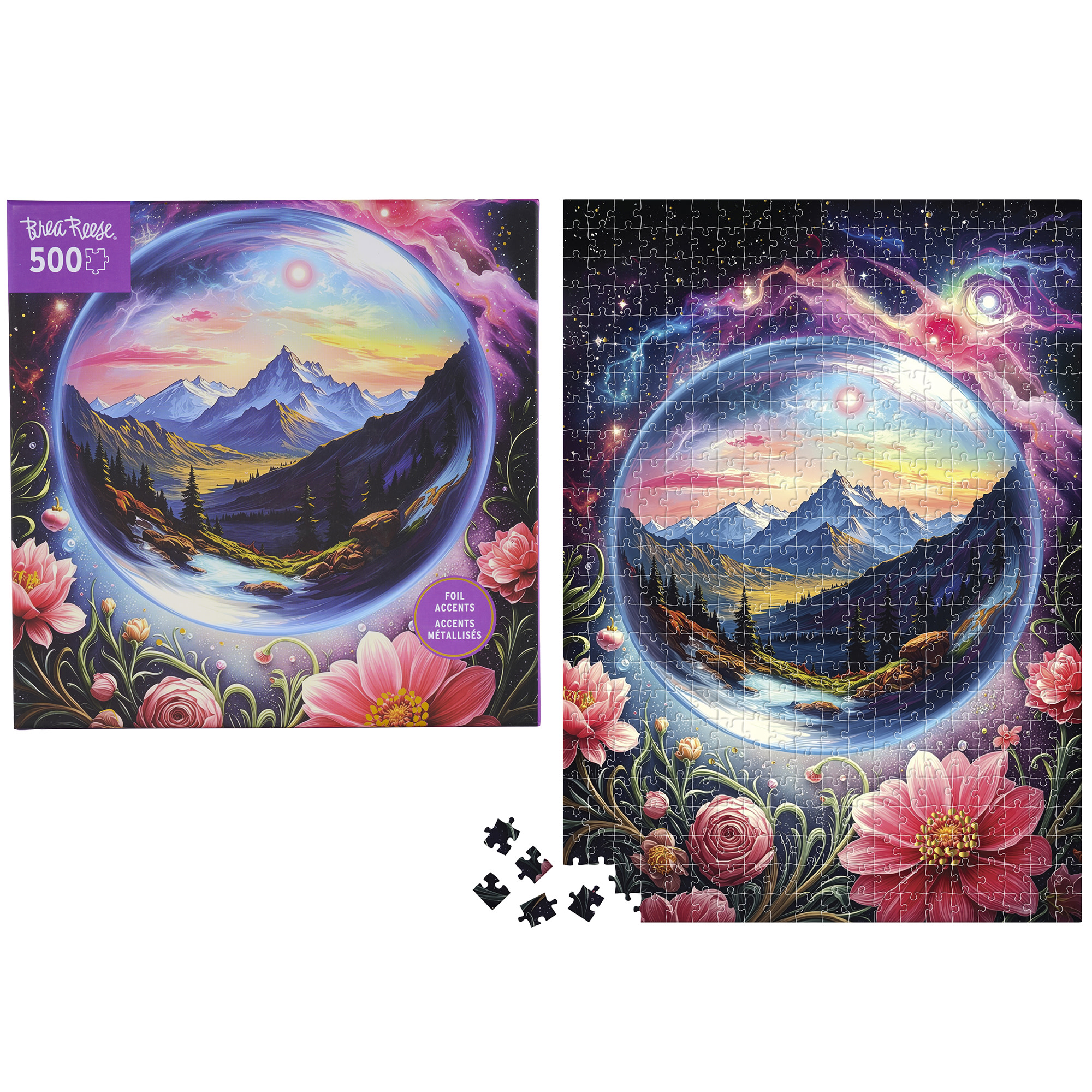 Brea Reese: 500 Piece Puzzle - Surreal Scene - Celestial Orb Framed Mountain Landscape, Adult Jigsaw, Metallic Foil, Snap-Fit, Image Reference Poster