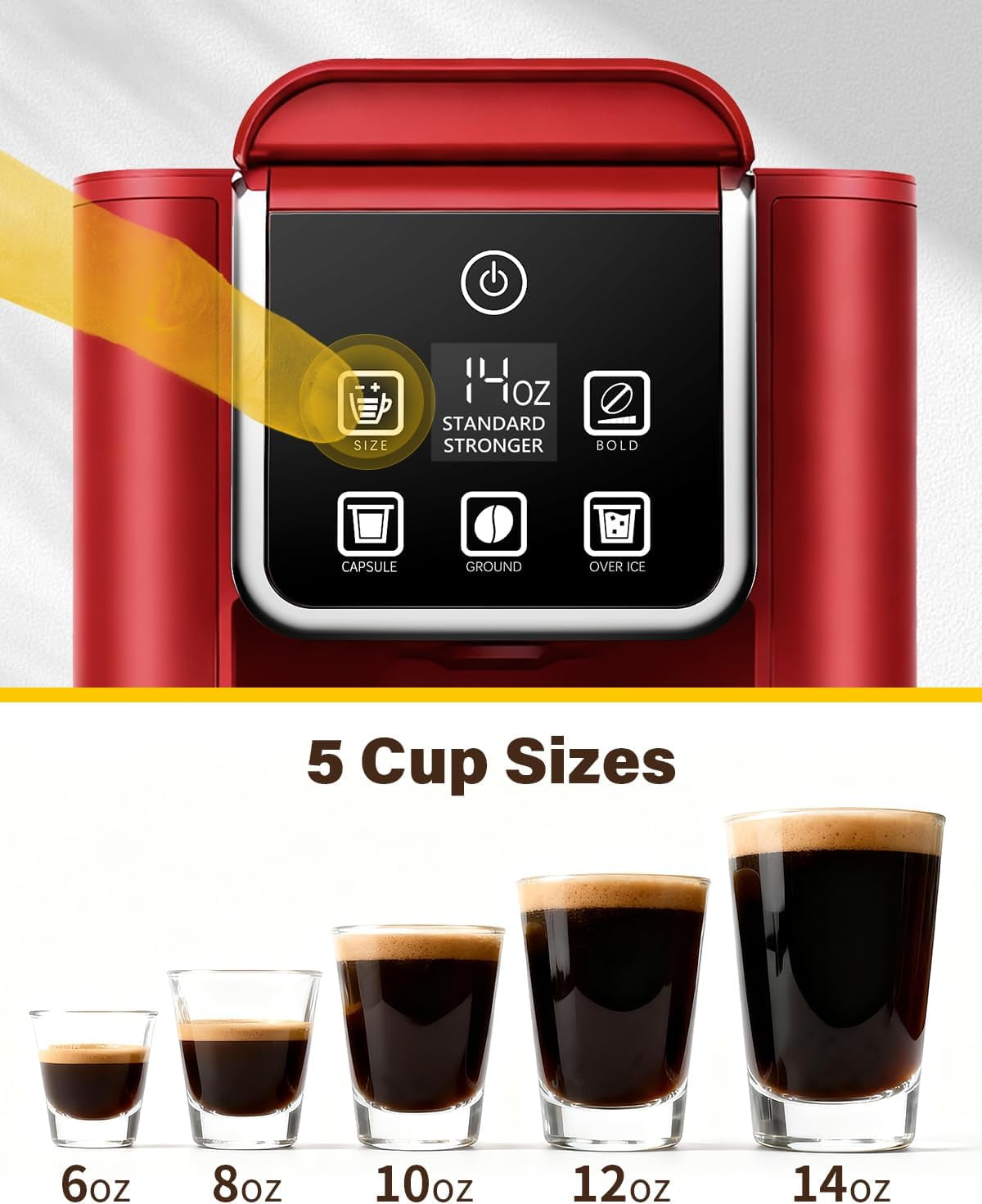 Single Serve Coffee Maker, Hot & Iced Coffee Machine for K Cup and Grounds, 6 to 14 oz Brew Sizes, 50 oz Removable Water Tank, Bold Brew Setting, Pod Coffee Maker with Reusable Filter, Red