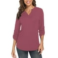 thumbnail image 2 of Women's 3/4 Roll Sleeve V Neck Tops Casual Tunic Shirts Blouse Ladies Tops(Mauve L), 2 of 5