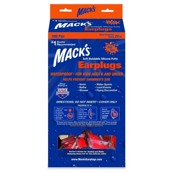 Mack’s Soft Moldable Silicone Putty Earplugs - Kids Size, 200 Pair Dispenser – Comfortable Small Ear Plugs for Swimming, Bathing, Travel, Loud Events and Flying