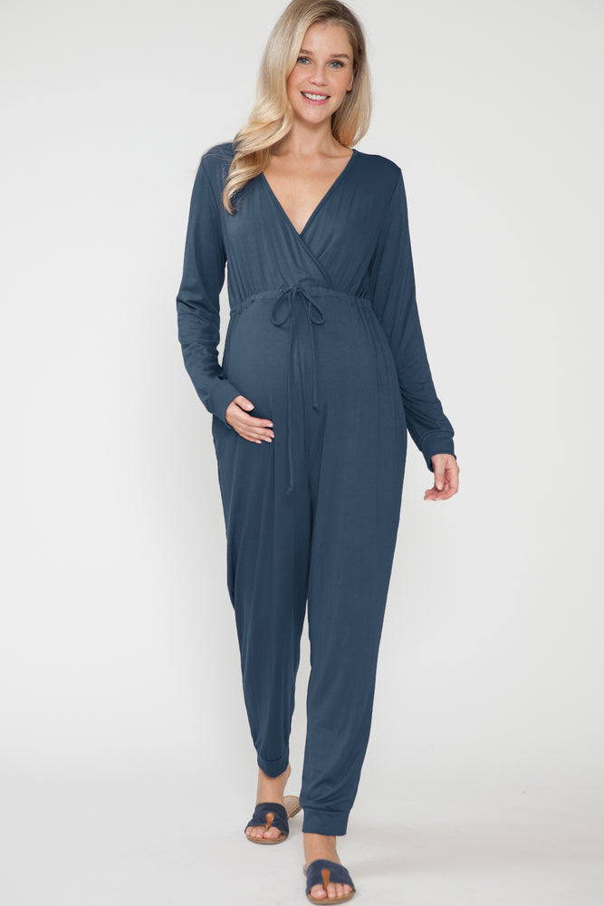 Women's Maternity V Neck Waist Ruched Tie Long Sleeve Wrap Basic Solid