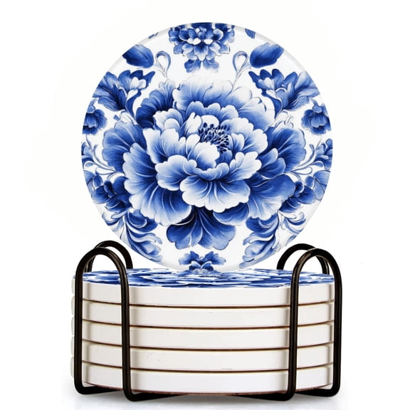 Blue And White Porcelain Set of 6 Ceramic Coasters with Holder, Absorbent Drink Bar Coasters, Table Coasters for Living Room Decor Tabletop Protection